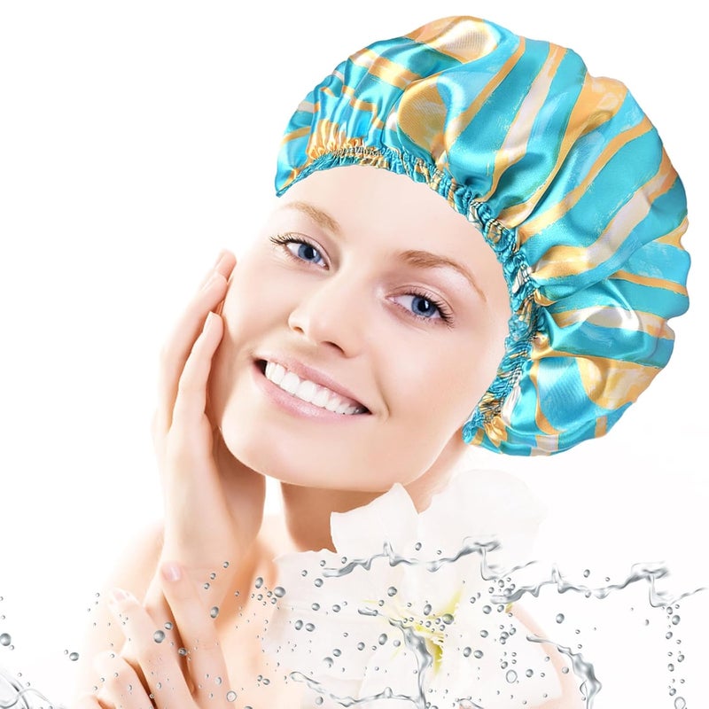 CHFONG 4 PCS Shower Cap for Women, Elastic and Reusable Bath Caps, Double Layers Shower Caps Reusable Waterproof, Bathing Shower Caps, Environmental Bath Hair Protection Cap - Stripes - Image 2